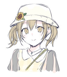 Rule 34 | 1girl, azusawa kohane, blush, brown eyes, brown hair, closed mouth, collared dress, commentary, cropped torso, dress, flower, hair between eyes, hat, hat flower, kuroi (liar-player), looking at viewer, project sekai, puffy sleeves, simple background, smile, solo, sunflower, twintails, twitter username, upper body, white background, white hat, yellow dress, yellow flower