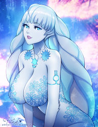 Rule 34 | 1girl, animal ears, blue eyes, blue theme, blush, breasts, dahlia (xenoblade), fur, large breasts, long hair, looking at viewer, nintendo, pink lady mage, rabbit ears, rabbit tail, simple background, smile, solo, tail, white hair, xenoblade chronicles (series), xenoblade chronicles 2
