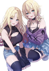 2girls absurdres aqua_eyes bare_shoulders black_camisole black_choker black_shirt black_sleeves black_thighhighs blonde_hair blue_skirt breasts camisole cardigan choker cleavage_cutout clothing_cutout commentary crop_top cross cross_necklace denim denim_shorts detached_sleeves frilled_choker frills gyaru highres jewelry kneeling large_breasts light_blush long_hair looking_at_viewer medium_breasts medium_hair multiple_girls necklace off_shoulder open_mouth original pleated_skirt purple_cardigan shinzousan shirt shorts simple_background skirt sleeveless sleeveless_shirt sleeves_past_wrists smile squatting thighhighs turtleneck turtleneck_shirt white_background