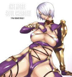 Rule 34 | 1girl, arm support, breasts, earrings, english text, engrish text, enoshima iki, female focus, fingerless gloves, gloves, hair over one eye, huge breasts, isabella valentine, jewelry, namco, plump, ranguage, revealing clothes, short hair, solo, soul calibur, soulcalibur, soulcalibur iv, white background