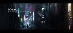 Rule 34 | 1girl, 3others, alley, asteroid ill, bad id, bad twitter id, black footwear, black jacket, black shorts, black thighhighs, boots, building, cityscape, commentary, dark, green eyes, highres, holding, holding phone, iz (asteroid ill), jacket, letterboxed, lights, long hair, long sleeves, multiple others, neon lights, night, open clothes, open jacket, original, outdoors, phone, scenery, shirt, shorts, skyscraper, sleeves past wrists, solo focus, standing, thighhighs, very long hair, white hair, white shirt, wide shot, window
