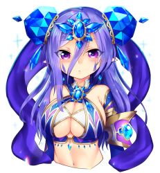 Rule 34 | 1girl, blush, breasts, cleavage, closed mouth, dragon poker, large breasts, long hair, looking at viewer, mofuaki, navel, pointy ears, purple eyes, purple hair, solo