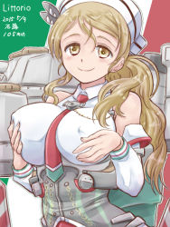 Rule 34 | 10s, 1girl, armor, bare shoulders, grabbing another&#039;s breast, breast hold, breasts, brown eyes, brown hair, cannon, character name, corset, detached sleeves, covered erect nipples, female focus, grabbing, grabbing own breast, hair ornament, headdress, highres, italian flag, kantai collection, large breasts, littorio (kancolle), long hair, machinery, necktie, ponytail, grabbing own breast, shirt, skirt, sleeveless, sleeveless shirt, smile, solo, tsuwabuki-san, turret, wavy hair