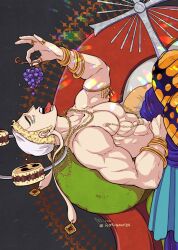 Rule 34 | 1boy, abs, bara, blonde hair, earrings, eating, enel, eyelashes, food, fruit, grapes, highres, holding, jewelry, large pectorals, long earlobes, looking at viewer, male focus, muscular, muscular male, nipple piercing, nipple rings, nipples, one piece, pectorals, piercing, sanpaku, short hair, sideburns, sideways glance, solo, thick eyebrows, tomoe (symbol), topless male, upper body