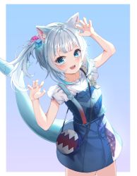 Rule 34 | 1girl, absurdres, animal ear fluff, animal ears, bag, blue eyes, blue hair, blue skirt, blunt bangs, blush, buttons, cat ears, claw pose, cowboy shot, cube hair ornament, fins, fish tail, frilled sleeves, frills, gawr gura, gawr gura (casual), hair ornament, handbag, highres, hololive, hololive english, looking at viewer, medium hair, miniskirt, monmo mu, multicolored hair, open mouth, shark girl, shark tail, sharp teeth, shirt, short sleeves, sidelocks, skirt, skirt set, smile, solo, streaked hair, suspenders, tail, teeth, underwear, v-shaped eyebrows, virtual youtuber, white background, white hair, white shirt
