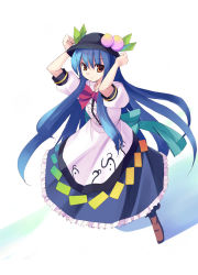 Rule 34 | 1girl, alternate eye color, apron, arms up, blue hair, boots, bow, bowtie, female focus, food, frills, from above, fruit, full body, hat, hinanawi tenshi, leaf, long hair, looking at viewer, orange eyes, peach, puffy sleeves, red eyes, seo tatsuya, shadow, shirt, short sleeves, skirt, smile, solo, touhou, very long hair, white background, white shirt