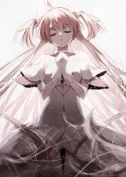 Rule 34 | 1girl, closed eyes, dress, gloves, hair ribbon, highres, kaname madoka, light particles, long hair, mahou shoujo madoka magica, misteor, own hands together, pink hair, praying, ribbon, simple background, solo, two side up, ultimate madoka, very long hair, white dress, white gloves