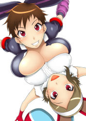 Rule 34 | 00s, 2girls, :d, animal ears, asymmetrical docking, blush, bodysuit, breast press, breasts, brown hair, cleavage, elbow gloves, frilled shirt, frills, from above, getsumento heiki miina, gloves, grin, hairband, huge breasts, koushuu suiren, large breasts, looking at viewer, magical girl, multiple girls, nishimo, ootsuki mina, open mouth, outstretched arms, rabbit ears, red eyes, shirt, short hair, short sleeves, simple background, smile, spiked hair, spread arms, symmetrical docking, tsukishiro mina, tsukuda mina, white background