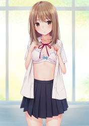 Rule 34 | 1girl, aqua bow, blue skirt, blush, bow, bow bra, bra, breasts, brown eyes, brown hair, collarbone, collared shirt, cowboy shot, dress shirt, frilled bra, frills, highres, long hair, looking at viewer, n.g., open clothes, open shirt, original, parted lips, pleated skirt, red ribbon, ribbon, shirt, skirt, small breasts, solo, stomach, unbuttoned, unbuttoned shirt, underwear, white bra, white shirt