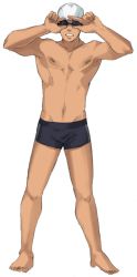 Rule 34 | 1boy, absol (dkqthf), adjusting eyewear, barefoot, black jammers, black male swimwear, collarbone, commentary request, creatures (company), full body, game freak, goggles, hands up, jammers, knees, male focus, male swimwear, navel, nintendo, pokemon, pokemon bw, solo, standing, swim cap, swimmer (pokemon), swimsuit, toes, topless male, white headwear