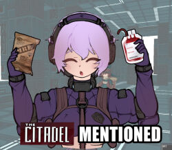 arms_up bag blood blood_bag blush breasts closed_eyes eyebrows eyelashes field_ration food gloves hair_between_eyes hands_up headgear holding holding_bag holding_food holster large_breasts martyr_(the_citadel) meme open_mouth purple_gloves purple_hair purple_shirt screenshot_background shirt strapless the_citadel tongue transparent_background tube_top tycho_(the_citadel) underboob