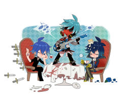Rule 34 | 3boys, acute (vocaloid), alternate costume, blue eyes, blue hair, choker, cup, flower, gloves, guitar, heart, instrument, kaito (vocaloid), knife, kore hitotsubu, male focus, mask, multiple boys, multiple persona, musical note, one eye closed, project diva (series), project diva f, rose, smile, unhappy refrain (vocaloid), v, vocaloid, wink