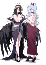 Rule 34 | 2girls, absurdres, ahoge, albedo (overlord), backless dress, backless outfit, black hair, black wings, blush, breasts, cleavage, cuffs, demon horns, dress, feathered wings, full body, furrowed brow, grey hair, hands on own hips, hara yumi, high heels, highres, horns, idolmaster, idolmaster (classic), idolmaster million live!, large breasts, looking at viewer, midnamana, multiple girls, navel, overlord (maruyama), purple skirt, red dress, shackles, shijou takane, sideless dress, simple background, skirt, smile, stomach, voice actor connection, white background, wings