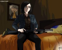 Rule 34 | 2girls, anton chigurh (no country for old men), artist name, bed, black hair, black jacket, black legwear, blue eyes, bob cut, brown shirt, buttons, closed eyes, closed mouth, drawing (object), feet out of frame, finger on trigger, gender request, genderswap, gloves, grey hair, gun, highres, holding, holding gun, holding weapon, indoors, jacket, k3nnyn3v, long sleeves, medium hair, multiple girls, no country for old men, ofelia (gogalking), on bed, open clothes, open jacket, own hands together, photo-referenced, pocket, remington 11-87, semi-automatic shotgun, shadow, shirt, shoes, shotgun, sidelighting, sitting, solo focus, straight hair, suppressor, weapon, wing collar, yellow gloves