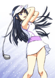 1girl absurdres amawashi_aoi birdie_wing:_golf_girls&#039;_story black_hair commentary_request golf_club highres holding holding_golf_club long_hair miniskirt open_mouth purple_eyes sakaki_youma shirt sketch skirt sleeveless sleeveless_shirt smile solo visor_cap white_skirt