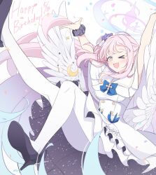 Rule 34 | 1girl, angel wings, black footwear, black scrunchie, blue archive, blush, breasts, capelet, dated, dress, feathered wings, hair bun, halo, happy birthday, high heels, highres, hoshino ouka, long hair, medium breasts, mika (blue archive), one eye closed, open mouth, pantyhose, pink hair, pink halo, scrunchie, single side bun, sleeveless, sleeveless dress, smile, solo, white capelet, white dress, white pantyhose, white wings, wings, wrist scrunchie, yellow eyes