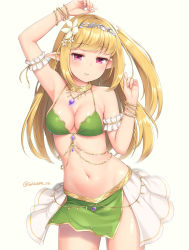 Rule 34 | 1girl, arm garter, armpits, bikini, bikini skirt, blonde hair, blush, bracelet, breasts, cleavage, closed mouth, commentary, cowboy shot, dot nose, elf, flower, green bikini, hair flower, hair ornament, hands up, jewelry, long hair, looking at viewer, medium breasts, navel, one side up, original, pink eyes, pointy ears, sasaame, simple background, smile, solo, standing, swimsuit, white background, white flower