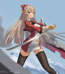 Rule 34 | 1girl, 2054500624, absurdres, ascot, azur lane, belt, black thighhighs, blue background, blurry, bow, buttons, commentary request, depth of field, fighting stance, gloves, hair between eyes, hair bow, hair ribbon, highres, holding, holding sword, holding weapon, long hair, looking at viewer, machinery, ponytail, red eyes, ribbon, sidelocks, signature, silver hair, simple background, solo, swiftsure (azur lane), sword, thighhighs, turret, water drop, weapon, white gloves, zettai ryouiki
