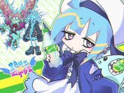 Rule 34 | 1other, 2girls, bike shorts, black footwear, black jacket, blonde hair, blue bow, blue bowtie, blue hair, blue jacket, blue nails, bottle, bow, bowtie, breasts, closed mouth, commentary request, cropped vest, demon tail, dress, drinking, duel monster, ear piercing, electrocution, full body, hat, highres, holding, holding bottle, jacket, ki-sikil (yu-gi-oh!), large breasts, lightning hair, lil-la (yu-gi-oh!), live twin ki-sikil, live twin lil-la, long hair, long sleeves, looking at viewer, midriff, multicolored hair, multiple girls, name connection, navel, okirune (yappa neruwa), open clothes, open jacket, partially unzipped, piercing, pink footwear, pink hair, pink jacket, product placement, pun, purple eyes, red vest, shoes, short hair, sidelocks, sneakers, spright blue, sprite (drink), standing, stuffed animal, stuffed shark, stuffed toy, tail, teeth, twintails, uneven eyes, vest, white dress, yu-gi-oh!
