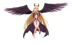 Rule 34 | 1girl, bad id, bad pixiv id, bare legs, barefoot, black dress, black panties, black wings, blonde hair, blush, clothing cutout, dress, licking finger, floating, full body, highres, horns, konjiki no yami, licking, long hair, looking at viewer, navel cutout, panties, red eyes, simple background, solo, to love-ru, to love-ru darkness, to love-ru darkness 2nd, underwear, very long hair, white background, wings