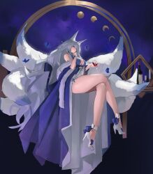 Rule 34 | 1girl, absurdly long hair, absurdres, animal ear fluff, animal ears, azur lane, blue butterfly, blue collar, blue dress, blue eyes, bottle, breasts, bug, butterfly, cleavage, collar, cupping glass, dress, evening gown, feather boa, fox ears, fox girl, from side, full body, grey hair, halter dress, halterneck, high heels, highres, insect, kitsune, kyuubi, large breasts, large tail, long hair, lump saury, moon phases, multiple tails, official alternate costume, red wine, shinano (azur lane), shinano (dreams of the hazy moon) (azur lane), shoes, solo, tail, very long hair, white footwear, white tail, wine, wine bottle, wrist flower