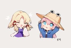 Rule 34 | 2girls, arknights, blonde hair, blue eyes, blue jacket, blue poison (arknights), blush, brown headwear, chibi, closed eyes, collared shirt, commentary, cropped torso, english commentary, grey background, hair between eyes, hair ribbon, hat, jacket, laughing, long hair, low twintails, moriya suwako, multiple girls, open clothes, open jacket, open mouth, pink hair, red ribbon, ribbon, ruri (dailybloopy), shirt, sidelocks, simple background, sun hat, touhou, twintails, upper body, white shirt