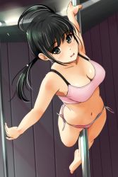 Rule 34 | 1girl, :d, arm up, backlighting, bare arms, bare legs, bare shoulders, barefoot, between legs, black hair, blue panties, blush, bra, breasts, cleavage, collarbone, foreshortening, full body, green eyes, highres, indoors, light, long hair, looking at viewer, matsunaga kouyou, medium breasts, multicolored clothes, multicolored panties, multicolored ribbon, navel, open mouth, original, panties, pink bra, pink panties, plantar flexion, pole, pole dancing, ribbon, shiny skin, side-tie panties, skindentation, smile, solo, sports bra, stomach, stripper pole, tareme, twintails, underwear, underwear only, yellow panties