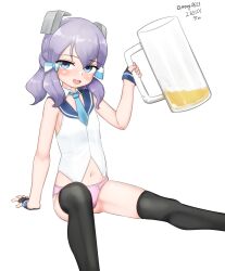 Rule 34 | 1girl, absurdres, alcohol, beer, beer mug, black gloves, blue eyes, blue sailor collar, cup, dated, drunk, fingerless gloves, flat chest, gloves, hair ornament, hair ribbon, highres, invisible chair, kantai collection, langley (kancolle), maru (marg0613), medium hair, mug, one-hour drawing challenge, panties, pink panties, purple hair, ribbon, sailor collar, shirt, simple background, sitting, sleeveless, sleeveless shirt, solo, twitter username, underwear, white background, white shirt