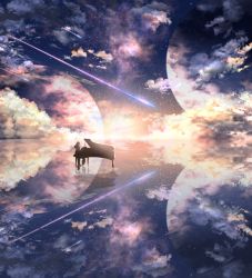 Rule 34 | 1girl, abisswalker8, absurdres, cloud, cloudy sky, comet, fantasy, highres, instrument, music, original, piano, planet, playing instrument, reflection, reflective floor, reflective water, scenery, silhouette, sky, star (sky), starry sky, sun, sunlight, sunset, waves