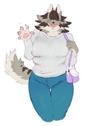 Rule 34 | 1girl, animal ears, animal hands, bag, bebebe, blue pants, blush, breasts, brown hair, claws, cropped legs, denim, female focus, furry, furry female, grey hair, grey sweater, hair over eyes, handbag, hands up, happy, inazuma (bebebe), jeans, large breasts, multicolored hair, open mouth, original, pants, pawpads, sharp teeth, simple background, smile, solo, standing, sweater, tail, teeth, thick thighs, thigh gap, thighs, two-tone hair, waving, white background, wolf ears, wolf tail