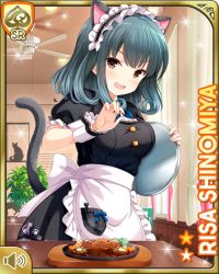 Rule 34 | 1girl, :d, animal ears, apron, black dress, blue bow, bow, brown eyes, cafe, card (medium), cat ears, cat tail, character name, day, dress, fake animal ears, fake tail, girlfriend (kari), green hair, indoors, maid, maid apron, maid headdress, official art, open mouth, qp:flapper, shinomiya risa, smile, tagme, tail, v-shaped eyebrows