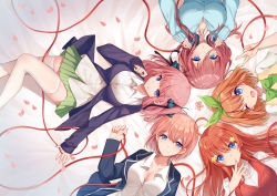 Rule 34 | 5girls, ahoge, bison cangshu, black jacket, black ribbon, blue eyes, blunt bangs, blush, bow, breasts, brown hair, character request, circle formation, cleavage, closed mouth, collarbone, collared shirt, commentary request, flower, from above, go-toubun no hanayome, green bow, green neckwear, green skirt, hair between eyes, hair ornament, hair ribbon, headphones, headphones around neck, heads together, jacket, large breasts, long hair, long sleeves, looking at viewer, lying, multiple girls, nakano ichika, nakano itsuki, nakano miku, nakano nino, nakano yotsuba, on back, open mouth, pink hair, red hair, red ribbon, ribbon, shirt, short hair, siblings, sisters, skirt, smile, star (symbol), star hair ornament, white shirt