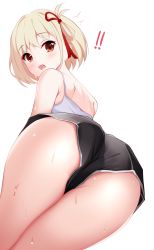 Rule 34 | !, !!, 1girl, :o, absurdres, ass, ass focus, black shorts, blonde hair, bob cut, camisole, fang, hair ribbon, highres, looking back, lycoris recoil, nishikigi chisato, one side up, open mouth, penguin uwu, red eyes, red ribbon, ribbon, short hair, short shorts, shorts, simple background, solo, sweat, white background, white camisole