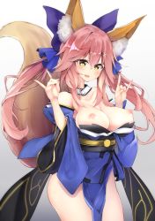 Rule 34 | 10s, 1girl, \n/, animal ears, bell, breasts, breasts out, collar, collarbone, fate/extra, fate (series), fox ears, fox shadow puppet, fox tail, gradient background, hair ribbon, harenchi, japanese clothes, large breasts, looking at viewer, neck bell, nipples, open mouth, pink hair, ribbon, solo, tail, tamamo no mae (fate/extra), yellow eyes