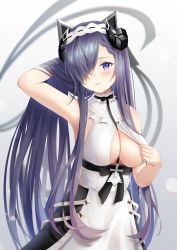 Rule 34 | 1girl, animal ears, apron, august von parseval (azur lane), august von parseval (the conquered unhulde) (azur lane), azur lane, bare shoulders, between breasts, black dress, breasts, cleavage, cowboy shot, curled horns, dress, fake animal ears, framed breasts, grey background, hair over one eye, hand in own hair, highres, horns, long hair, mechanical horns, medium breasts, multicolored hair, official alternate costume, purple eyes, purple hair, simple background, sleeveless, sleeveless dress, solo, strap between breasts, two-tone hair, very long hair, waist apron, white apron, yorumon