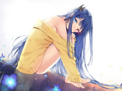 Rule 34 | 1girl, azur lane, bare shoulders, barefoot, blue eyes, blue hair, blush, breasts, bug, butterfly, detached sleeves, dress, feet, fingernails, flower, full body, glowing, gradient background, heterochromia, horns, ibuki (azur lane), insect, large breasts, leaf, long hair, long sleeves, looking at viewer, maya g, petals, red eyes, shiny skin, sidelocks, sitting, sleeves past wrists, solo, sparkle, sweater, sweater dress, toes, very long hair