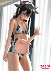 Rule 34 | 1girl, 2021, alternate costume, animal ears, animal print, bikini, black hair, blue eyes, breasts, chinese zodiac, cow ears, cow horns, cow print, curtains, disgust, fake horns, glasses, hair between eyes, highres, horns, kantai collection, long hair, mu-pyon, new year, ooyodo (kancolle), open mouth, shaded face, small breasts, solo, swimsuit, twitter username, udder, window, year of the ox