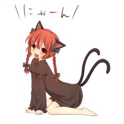 Rule 34 | 1girl, all fours, animal ears, barefoot, bow, braid, canaca, cat ears, cat girl, cat tail, dress, extra ears, fang, female focus, hair bow, kaenbyou rin, kneeling, multiple tails, open mouth, paw pose, red eyes, red hair, solo, tail, touhou, twin braids, twintails