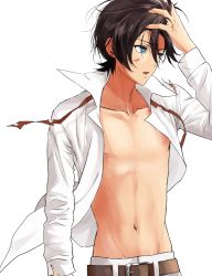 Rule 34 | 10s, 1boy, bad id, bad pixiv id, belt, black hair, blue eyes, groin, hand in own hair, highres, horikawa kunihiro, kyoujixxxx, long sleeves, navel, open clothes, open mouth, open shirt, shirt, torn clothes, touken ranbu, white background, white shirt, wind, wind lift, wing collar