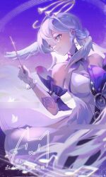 Rule 34 | 1girl, conductor baton, bead necklace, beads, commentary request, detached collar, detached sleeves, dress, grey eyes, grey hair, hair between eyes, head wings, highres, holding baton, honkai: star rail, honkai (series), jewelry, long hair, necklace, robin (honkai: star rail), smile, solo, strapless, strapless dress, upper body, very long hair, wings, yua (0629xm)