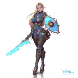 Rule 34 | 1girl, alternate universe, ancient set (zelda), armor, blonde hair, blue eyes, blush, bodysuit, braid, breasts, cameltoe, covered erect nipples, crown braid, energy, energy barrier, energy blade, energy shield, energy sword, energy weapon, eyeliner, feet, female focus, full body, glowing, glowing shield, glowing sword, glowing weapon, high heels, highres, impossible clothes, large breasts, lips, lipstick, long hair, looking at viewer, makeup, nintendo, nipples, pinkdrawz, platform footwear, platform heels, pointy ears, princess zelda, pussy, red lips, sheikah slate, shield, simple background, skin tight, solo, sword, the legend of zelda, the legend of zelda: breath of the wild, thick thighs, thighs, toeless footwear, torn clothes, weapon, white background, wide hips