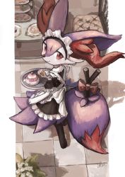 Rule 34 | 1girl, alternate color, alternate costume, animal ear fluff, animal ears, animal hands, animal nose, apron, artist name, back bow, black dress, black fur, black sleeves, blush, body fur, bow, braixen, cafe, chair, closed mouth, clothed pokemon, cookie, creatures (company), cupcake, detached sleeves, dress, eevee, enmaided, fang, female focus, flower, food, fox ears, fox girl, fox tail, frilled apron, frilled dress, frilled sleeves, frills, from above, from behind, full body, furry, furry female, game freak, gen 1 pokemon, gen 6 pokemon, happy, highres, holding, holding tray, ikei, indoors, jpeg artifacts, looking at viewer, looking back, looking up, maid, maid apron, maid headdress, nintendo, outside border, pikachu, pillarboxed, plant, plate, pokemon, pokemon (creature), potted plant, puffy short sleeves, puffy sleeves, purple fur, red bow, red eyes, shiny pokemon, short sleeves, signature, skin fang, sleeveless, sleeveless dress, smile, snout, solo, standing, stick, table, tail, teapot, tiered tray, tray, walking, white apron, white flower, white fur