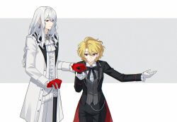 1boy 1girl ascot black_bow black_bowtie black_coat blonde_hair bow bowtie butler center_frills closed_mouth coat collared_shirt cowboy_shot don_quixote_(project_moon) female_butler frilled_sleeves frills gloves highres kamisiro_sora la_manchaland&#039;s_don_quixote_(project_moon) limbus_company looking_to_the_side project_moon red_eyes red_gloves sancho_(project_moon) shirt short_hair white_ascot white_coat white_gloves white_shirt