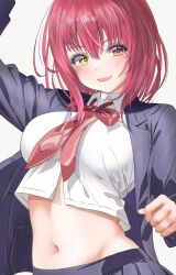 Rule 34 | 1girl, absurdres, highres, hololive, houshou marine, necktie, open mouth, red eyes, red hair, short hair, simple background, smile, solo, virtual youtuber, wakaunderblade7, yellow eyes
