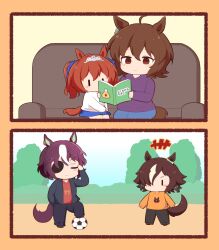 Rule 34 | +++, 2koma, 4girls, aged down, agnes tachyon (umamusume), ahoge, animal ears, ball, black pants, book, border, brown border, brown eyes, brown hair, casual, comic, commentary, couch, daiwa scarlet (umamusume), doting parent, earrings, erlenmeyer flask, eyepatch, flask, gomashio (goma feet), hair over one eye, hand in pocket, holding, holding book, horse ears, horse girl, horse print, horse tail, jacket, jewelry, light brown hair, long sleeves, medium hair, multicolored hair, multiple girls, no mouth, open book, open clothes, open jacket, orange background, pants, purple sweater, reading, red shirt, shirt, short hair, silent comic, single earring, soccer ball, streaked hair, sweater, tail, tanino gimlet (umamusume), tiara, twintails, two-tone hair, umamusume, vodka (racehorse), vodka (umamusume), white hair, white sweater