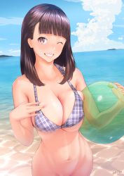 Rule 34 | 1girl, ball, beach, beachball, bikini, bikini top only, blunt bangs, bottomless, breasts, brown eyes, brown hair, cleavage, day, grin, hand on own chest, large breasts, looking at viewer, nanahime, navel, ocean, one eye closed, original, out-of-frame censoring, outdoors, plaid bikini top, skindentation, smile, solo, standing, stomach, sweat, swimsuit, teeth, water