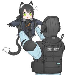 Rule 34 | 1boy, 1girl, :3, ?, absurdres, animal ear fluff, animal ears, balaclava, black gloves, black hair, blue shirt, bulletproof vest, cat ears, cat girl, cat tail, chibi, commentary, english commentary, gloves, green eyes, grey jacket, gun, h&amp;k mp7, headset, height difference, highres, jacket, lifting person, medium hair, military, military uniform, open clothes, open jacket, original, outstretched arms, ponytail, shirt, simple background, smile, soldier, spread arms, srtdrawart, submachine gun, tactical clothes, tail, uniform, weapon, white background