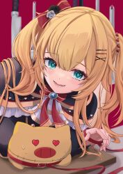 Rule 34 | 1girl, absurdres, akai haato, akai haato (gothic lolita), blonde hair, blue eyes, blurry, blurry background, bow, brooch, capelet, collar, commentary request, frilled capelet, frills, haaton (akai haato), hair bow, hair ornament, hairclip, harusame349, heart, heart-shaped eyes, highres, hololive, jewelry, knife, long hair, looking at viewer, open mouth, red background, solo, twintails, virtual youtuber