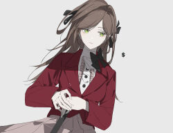 Rule 34 | 1girl, black bow, bow, brown hair, brown skirt, center frills, closed mouth, commentary, dollar sign, english commentary, frills, green eyes, grey background, hair intakes, highres, jacket, long hair, long sleeves, missedyellowhat, own hands together, pleated skirt, red jacket, rosa (tears of themis), shirt, simple background, skirt, solo, tears of themis, very long hair, white shirt