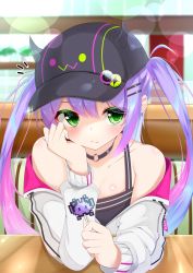 Rule 34 | 1girl, bare shoulders, blurry, blurry background, blush, breasts, collarbone, commentary, emoji, green eyes, growing naru, hair ornament, hairclip, hat, highres, hololive, indoors, jacket, long hair, pov, purple hat, sitting, small breasts, solo, table, tokoyami towa, twintails, virtual youtuber